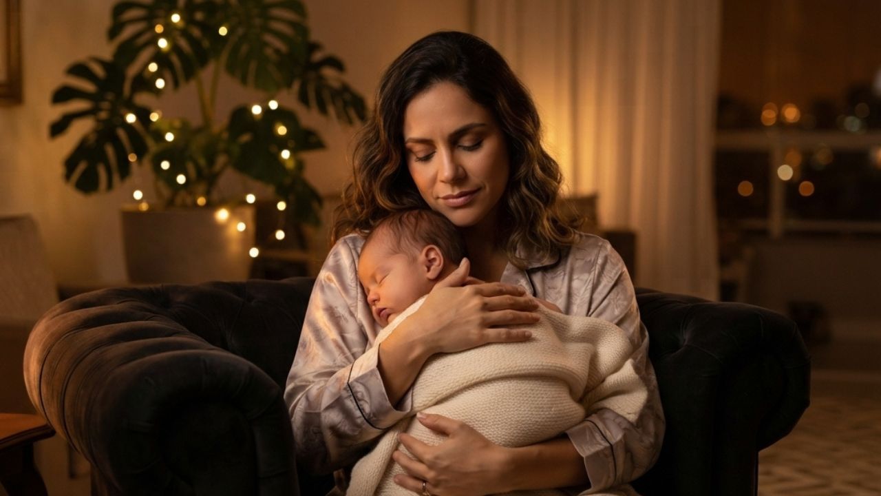 Mãe embalando o bebê no colo em um quarto com luz baixa