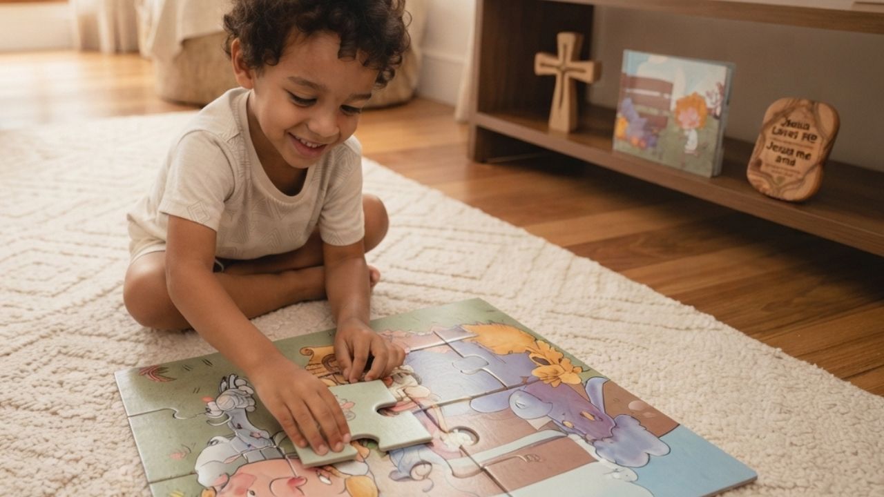 Criança pequena brincando com um jogo do Clubinho