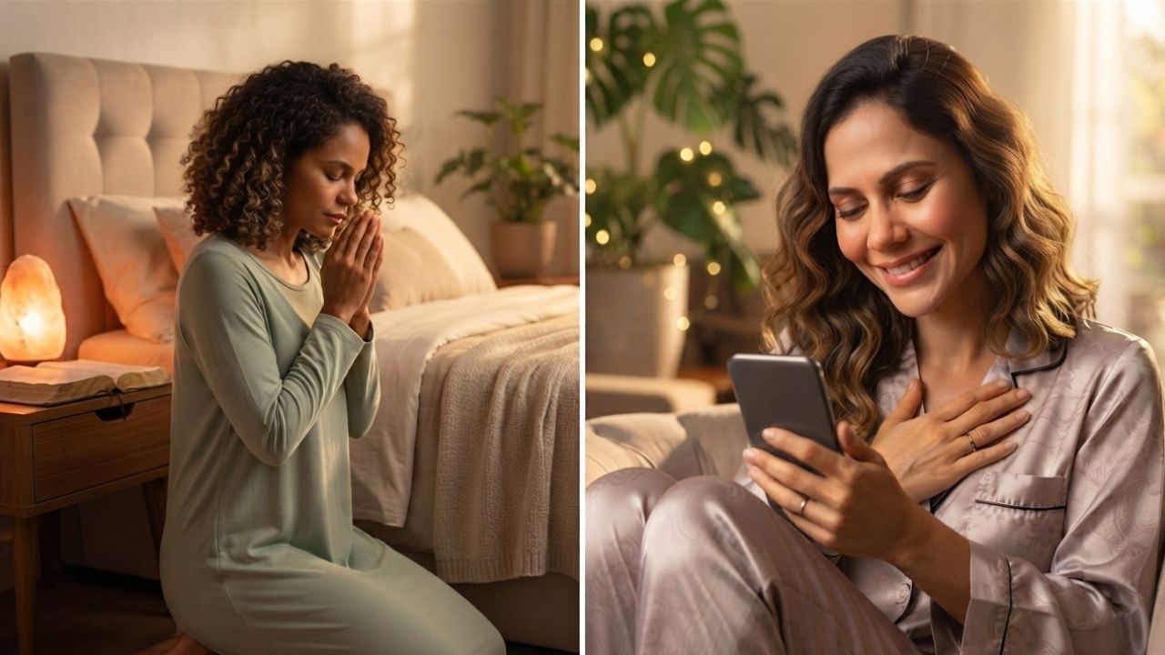 Mãos de mulher em oração segurando o celular