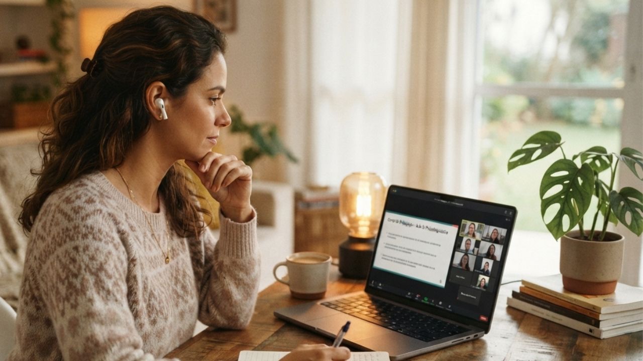 Mãe assistindo a uma aula no notebook